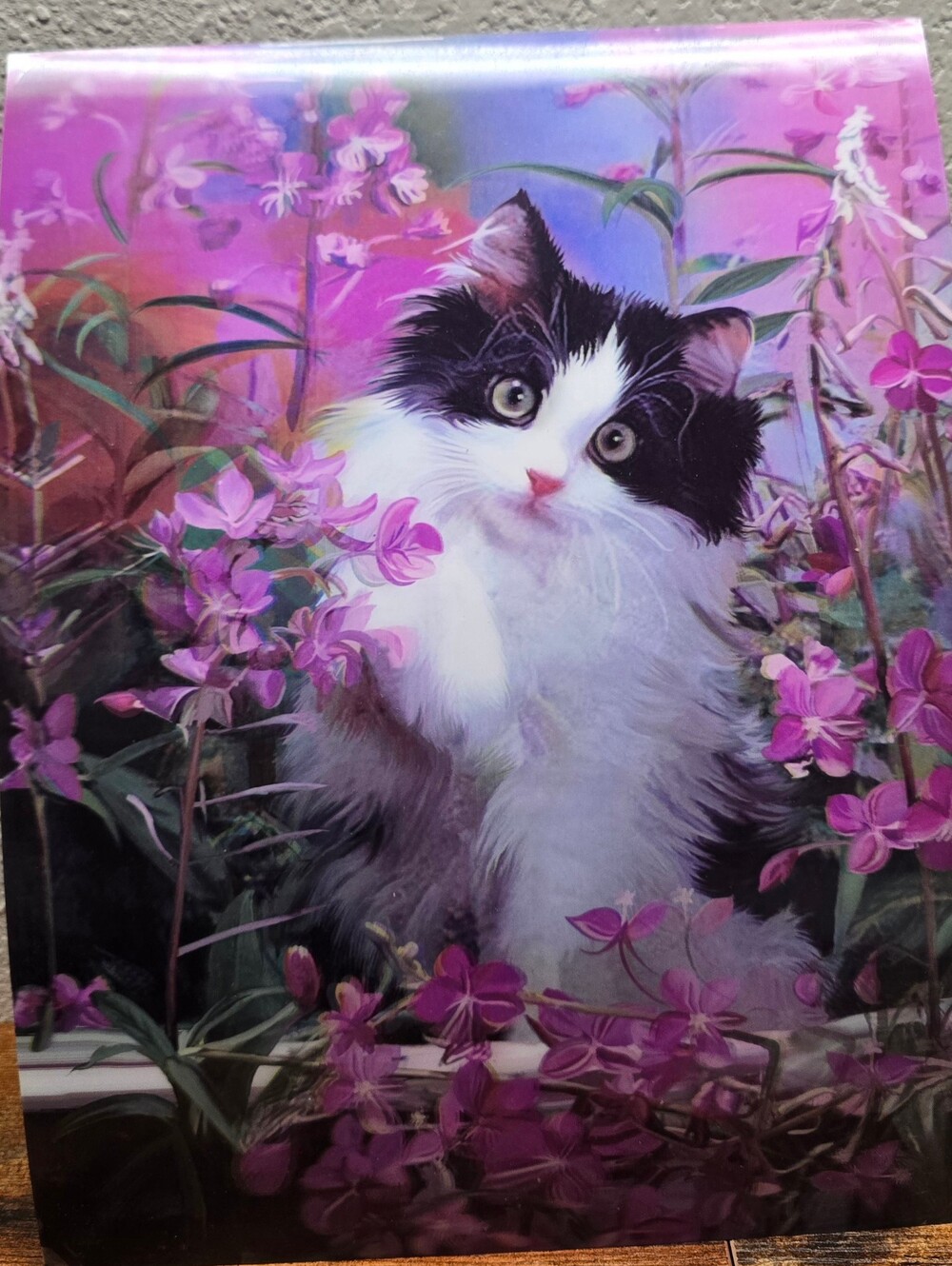 3D Lenticular Cat Poster with Purple Flowers